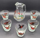 Vintage MCM Federal Glass GAME BIRDS Pitcher Old Fashion Low Ball Rocks Glasses