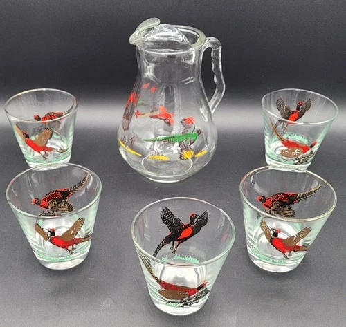 Vintage MCM Federal Glass GAME BIRDS Pitcher Old Fashion Low Ball Rocks Glasses