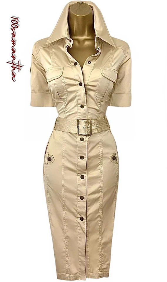 NEW Karen Millen UK 14 16 VINTAGE MILITARY SAFARI BELTED SATIN SHIRT DRESS GOLD - Image 1 of 4