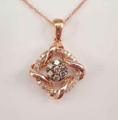 Cognac and White Diamond Cluster Pendant Necklace Rose Gold 18" Chain Lifesaver - Picture 1 of 5