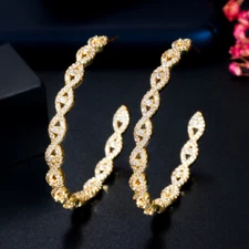 Shiny White Pave Cubic Zirconia Big Round Hoop Earrings Women Party Gold Jewelry