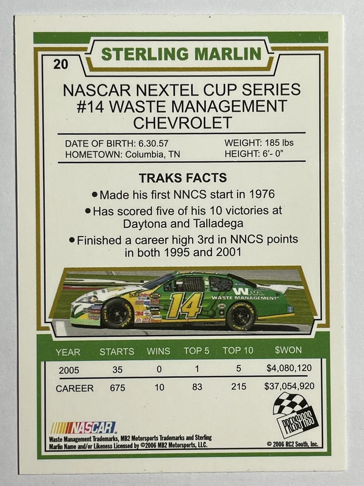 STERLING MARLIN 2006 Press Pass Traks NASCAR Racing Card #20 - Image 4 of 4
