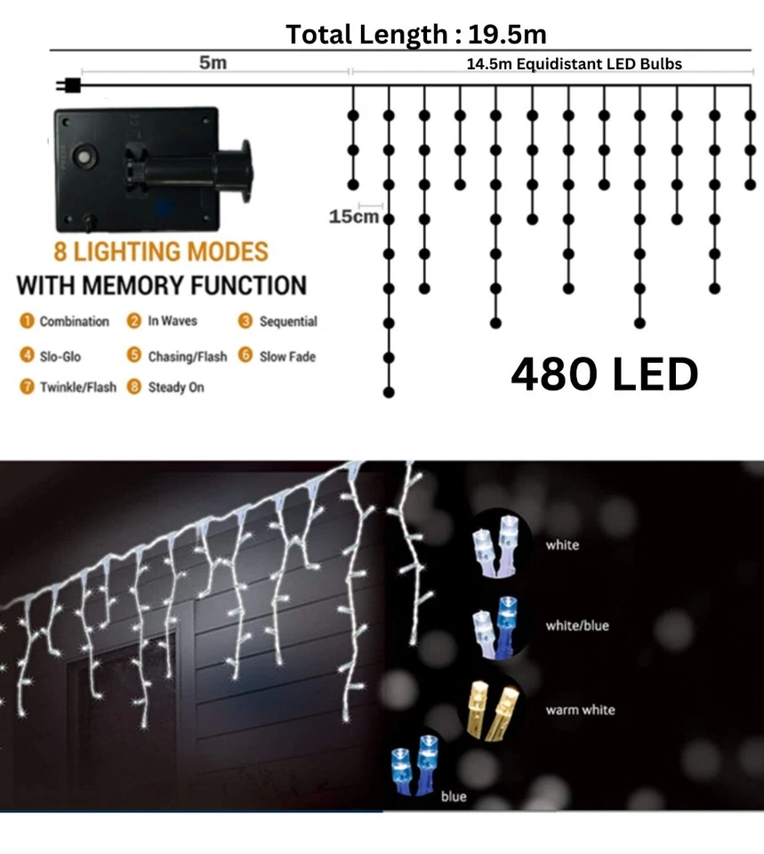 480LED 14.5M SOLAR SNOWING ICICLE CHRISTMAS LIGHTS WITH 8 FUNCTIONS - image 3 of 4