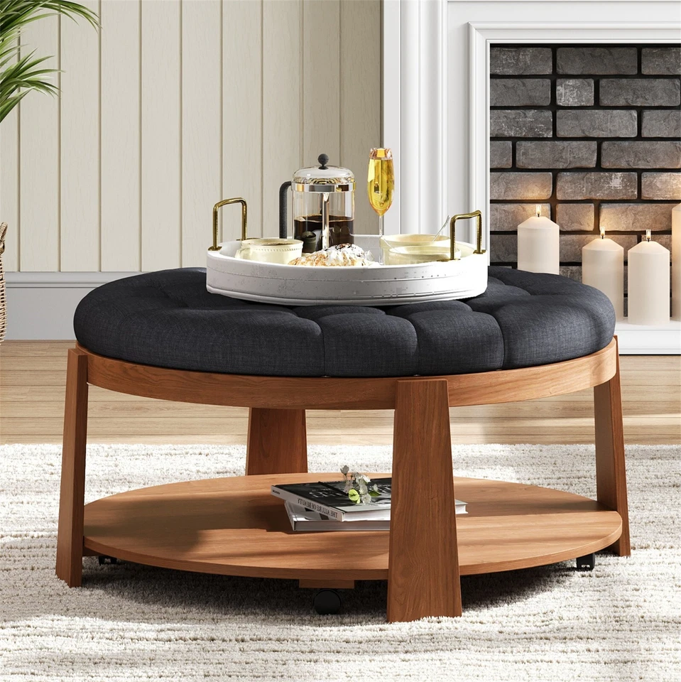 Modern Ottoman Round Ottoman Coffee Table 2-Tier Oversized Button Tufted Wheels - Image 3 of 4