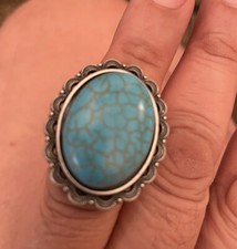 Antique Silver Scallop Filigree Blue Turquoise Cabochon Ring w/ adjustable band