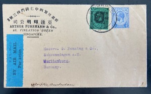 1932 Penang Straits Settlements Malaya Commercial Cover To Wurttemburg Germany