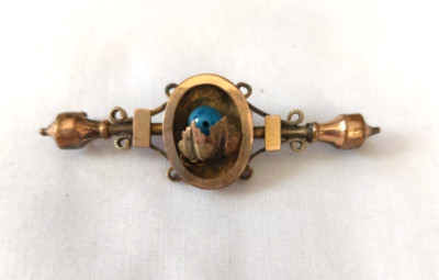 VTG Catseye ? Blue Floating Stone Etruscan Revival Victorian Bar Pin/Brooch 2.5''