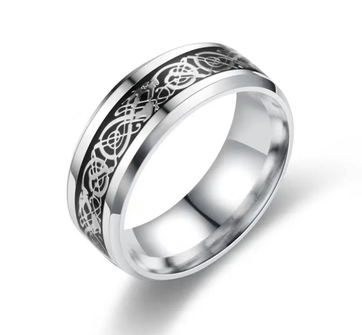 Mens Vintage Steel Dragon Patch Striped Ring Silver/Black