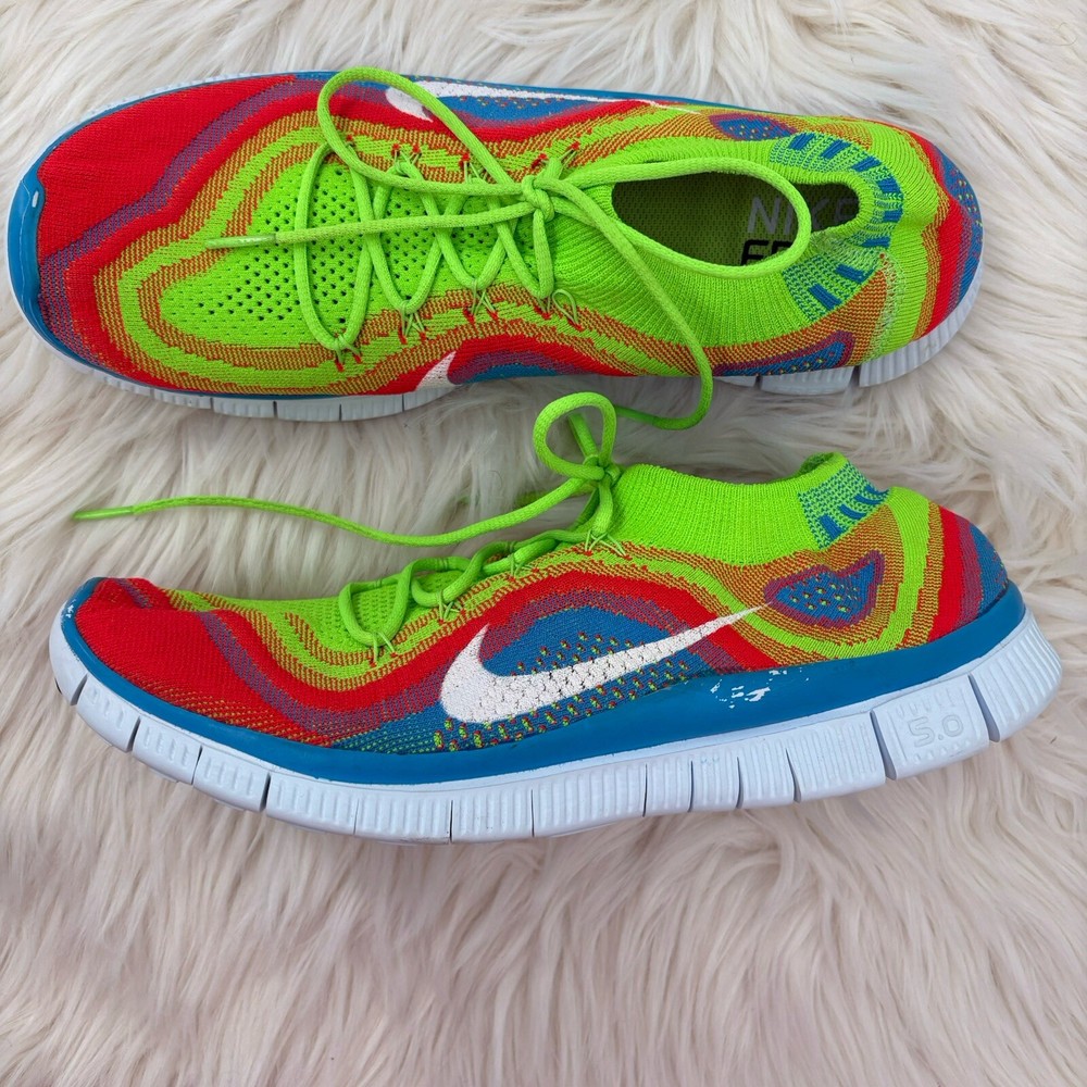 Men's 11 Nike Free Flyknit+ 5.0 Flyknit Electric Green Shoes Rainbow - Excellent
