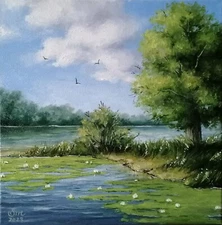 Landscape original oil painting 12x12 in (30x30 cm) Realistic river art
