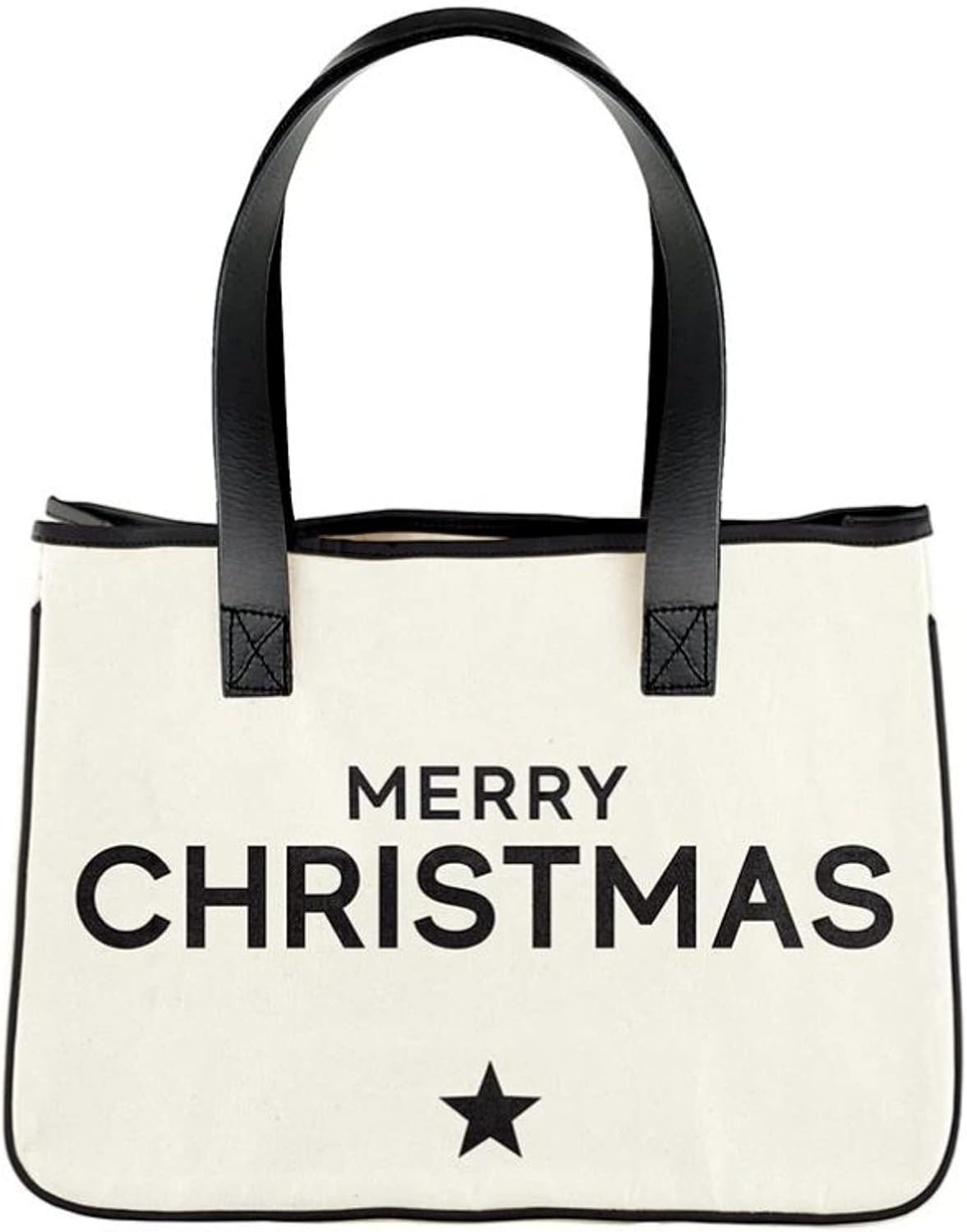 Holiday Tote Bag Black and White 100% Cotton Canvas with Genuine Leather Accents-image