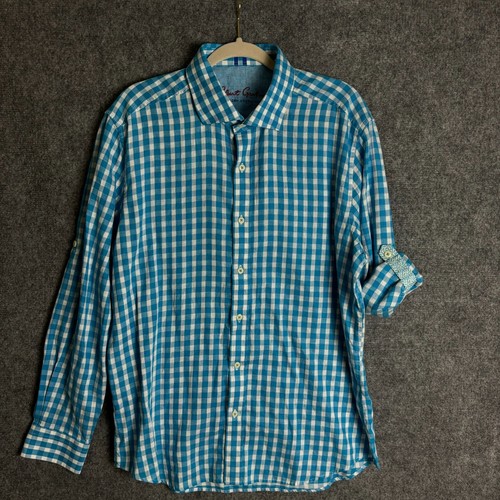 Robert Graham Button Down Shirt Men's XL Blue Check Roll Tab Sleeve Tailored Fit - Picture 4 of 14