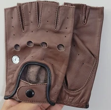 Fingerless Leather Driving Chauffer Cycling Gloves with Knuckle Holes (L Size)
