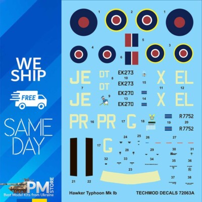 Techmod 72063 1/72 Hawker Typhoon Mk Ib British Bomber 1943 aircraft Wet Decal