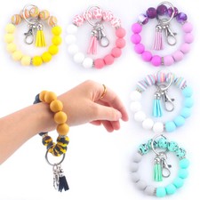 Silicone Bead Bracelet Wrist Tassel Keychain Key Ring For Women Men Accessory AU