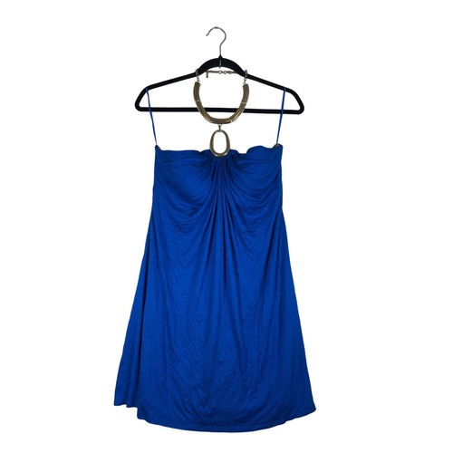 NWT Vintage Cache Womens Size L Gold Halter Electric Blue Dress Rayon Party Mini - Bild 9 von 13