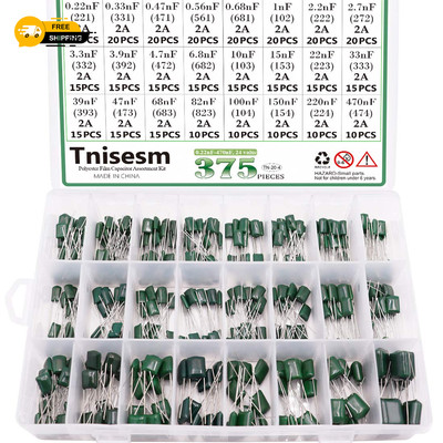 375Pcs 24 Value Metalized Mylar Polyester Film Capacitors Assortment Kit 0.22Nf