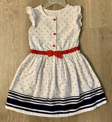 Gymboree Girl s Size 3T White & Navy Polka Dot Flutter Sleeve Dress With Red Bow