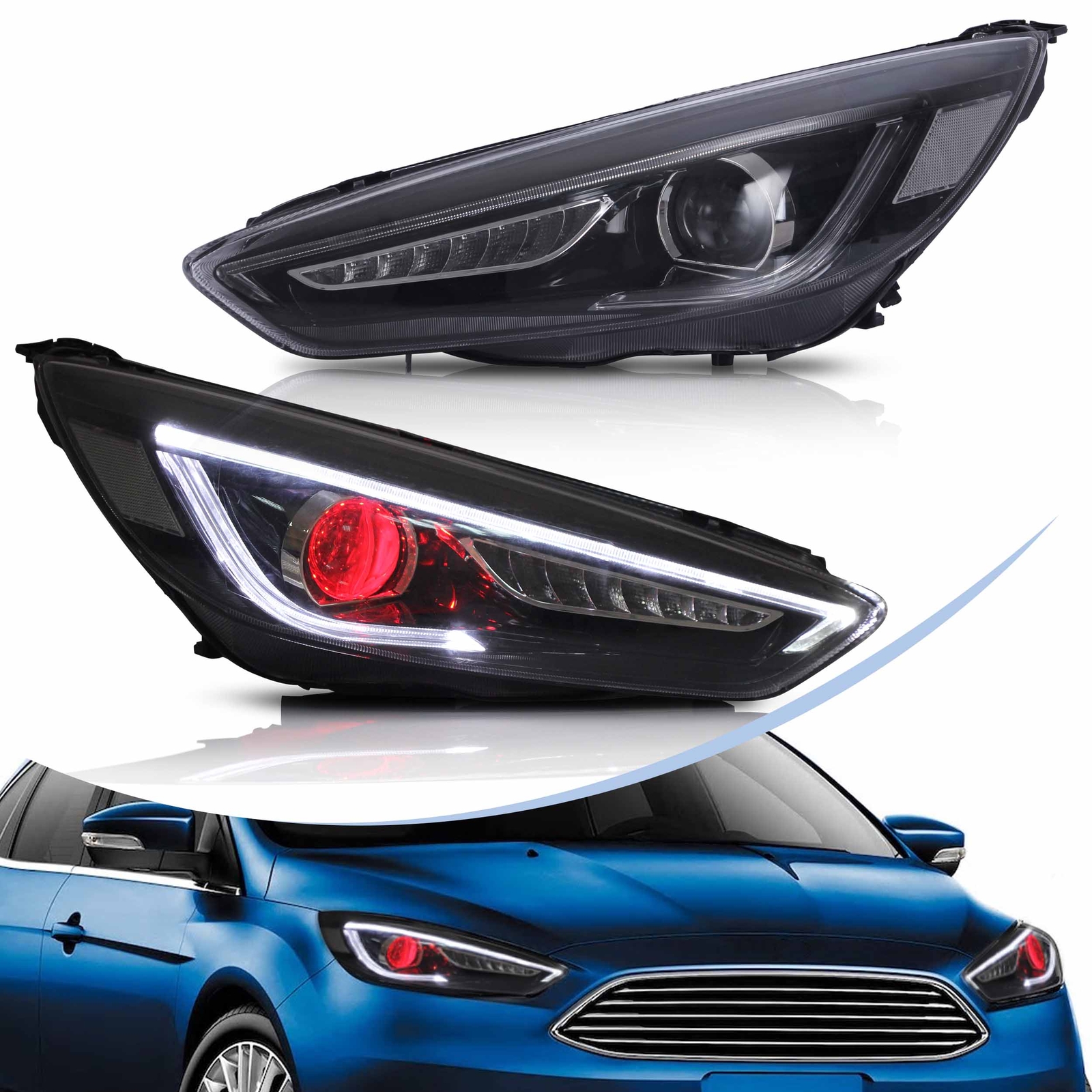 Phare LED VLAND pour Ford Focus 2015-2018 avec clignotant séquentiel dynamique noir