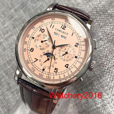 Corgeut Automatic Pink Dial Mens Watch Month Year Moon Function steel mens watch