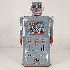 Robot One R-1 Tin Toy Battery Operated Bump & Go Flashing Lights Sound VTG 2001