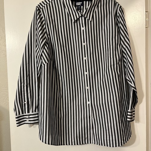 Lands End No Iron Shirt Top Blouse Plus 22W Lng Slve Black & White Stripe Cotton - 第 1/10 張圖片