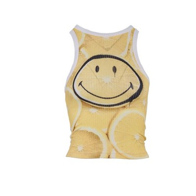 Desigual Damen Weiß Ärmellos Cropped Smiley Zitrone Top Gr XS 23SWTK99