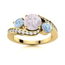Round Pink Quartz  Amethyst 925 Sterling Silver Gold Plated Three Stone Ring