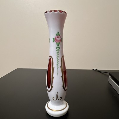 Vintage Bohemian Moser cut-to-cranberry cased glass bud vase.  T213