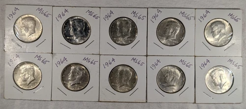 LOT OF 10 UNC 1964 KENNEDY HALF DOLLAR COINS $5 FACE VALUE UNCIRCULATED #92