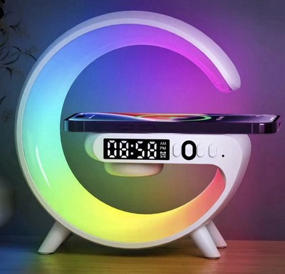 RGB LED Desk Lamp w/ 15W Wireless Phone Charger & Digital Alarm Clock Speaker