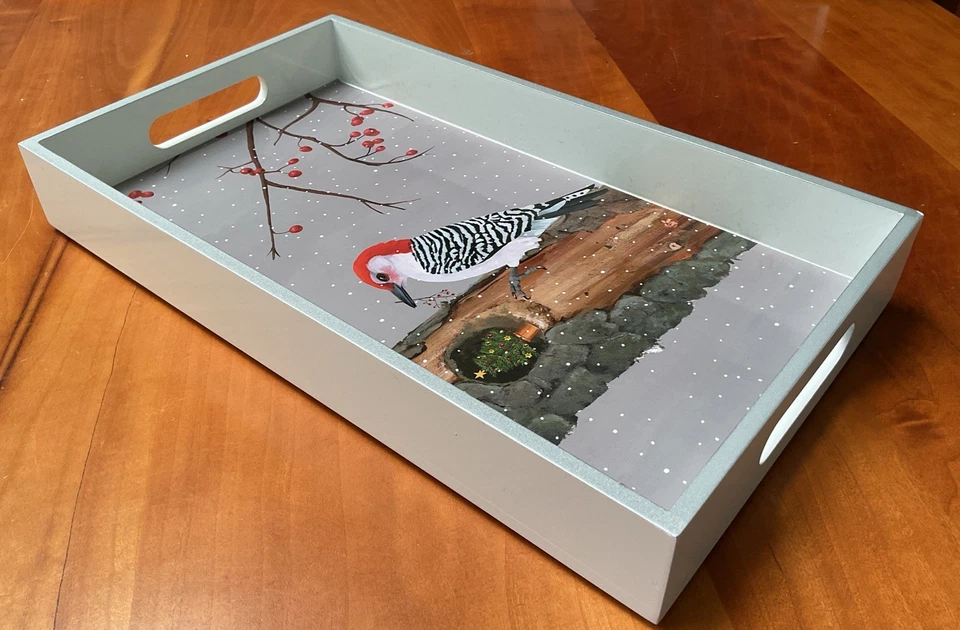 Lacquered Wood Tray by Paperproducts Design Winter Holiday Woodpecker 12x7” - Image 2 of 4