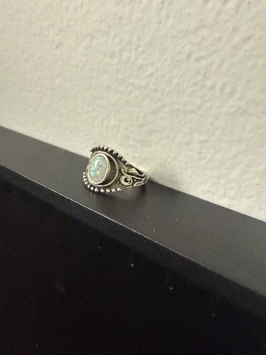 Vintage Silver Ring Round White Stone Bezel Setting Ornate Metal Gemstone