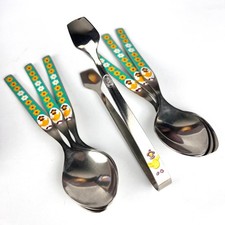 Vintage Set of 6 Silverplate Tea Spoons & Tongs for Kids USSR Enamel in Box