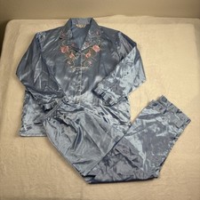 VTG Satin Floral Embroidered Blue Pajamas Set Button Up Pants Lounge Womens L