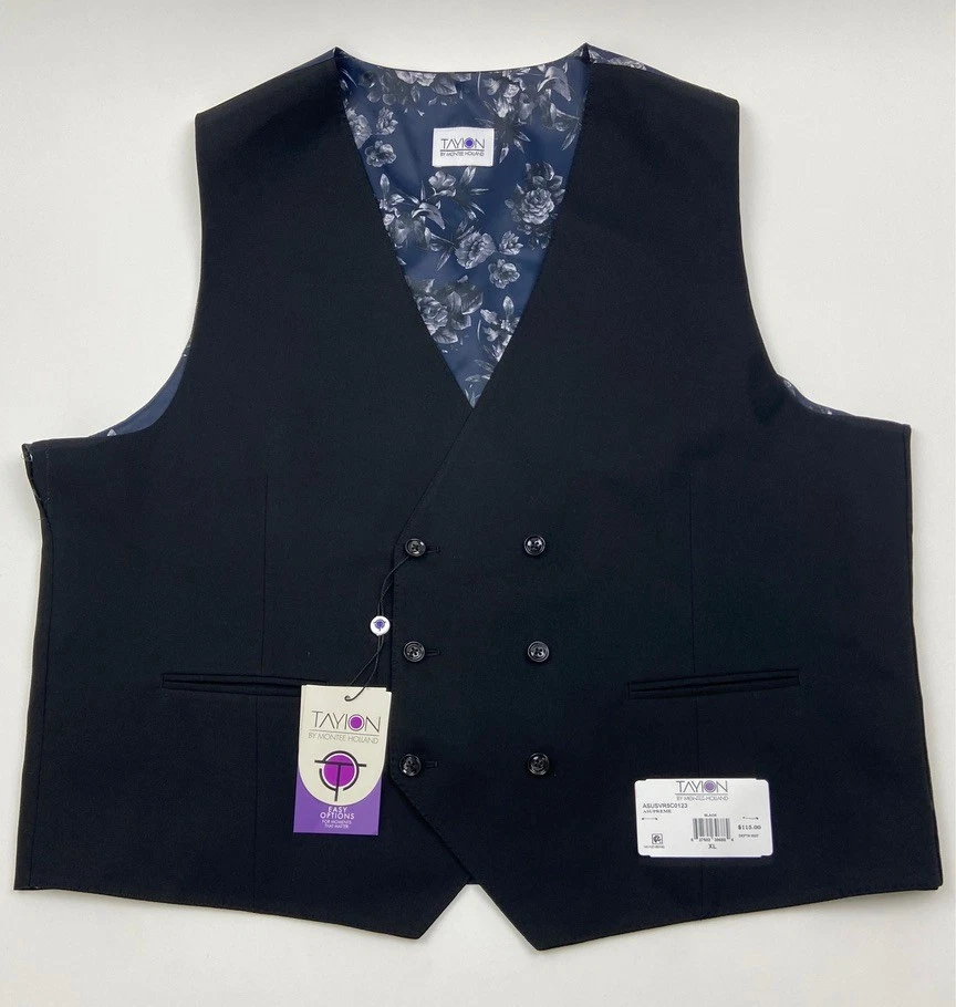 $115 NUEVO TAYION Para Hombres XL Negro Sólido Doble Pecho Elástico Traje Chaqueta Chaleco Foto 2 de 4