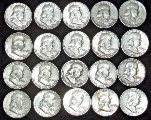 Roll 20 Franklin Silver Half Dollars Mixed Mints, 1950-1962, Circulated, VG/F C