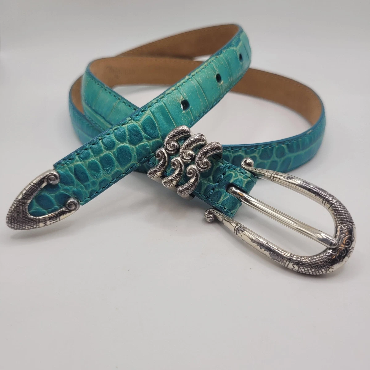 Brighton Blue Floral Tooled Leather Belt Charm Western Boho Y2K ML 32 Brighton Flower Belts for Women for sale | eBay main image 4