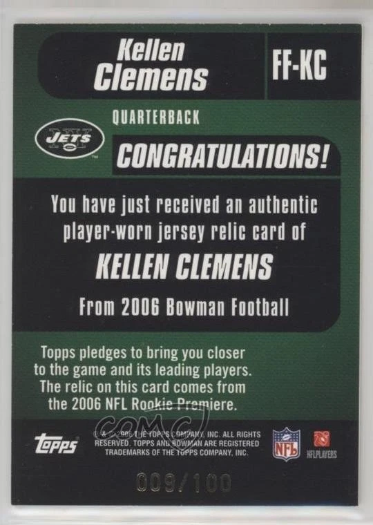 2006 Bowman Fabric of the Future Gold /100 Kellen Clemens #KC Rookie RC - Image 2 of 2
