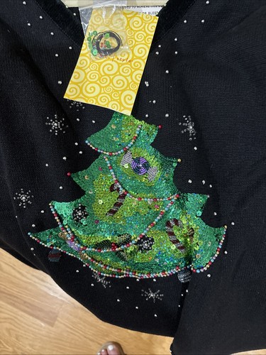 Vintage Quacker Factory Knit Christmas Tree Sweater Black Beaded V-neck Sz.2 NWT - Picture 23 of 23