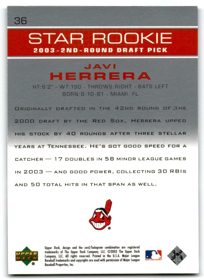 2003 Upper Deck Javi Herrera Cleveland Indians #36 - Image 2 of 2