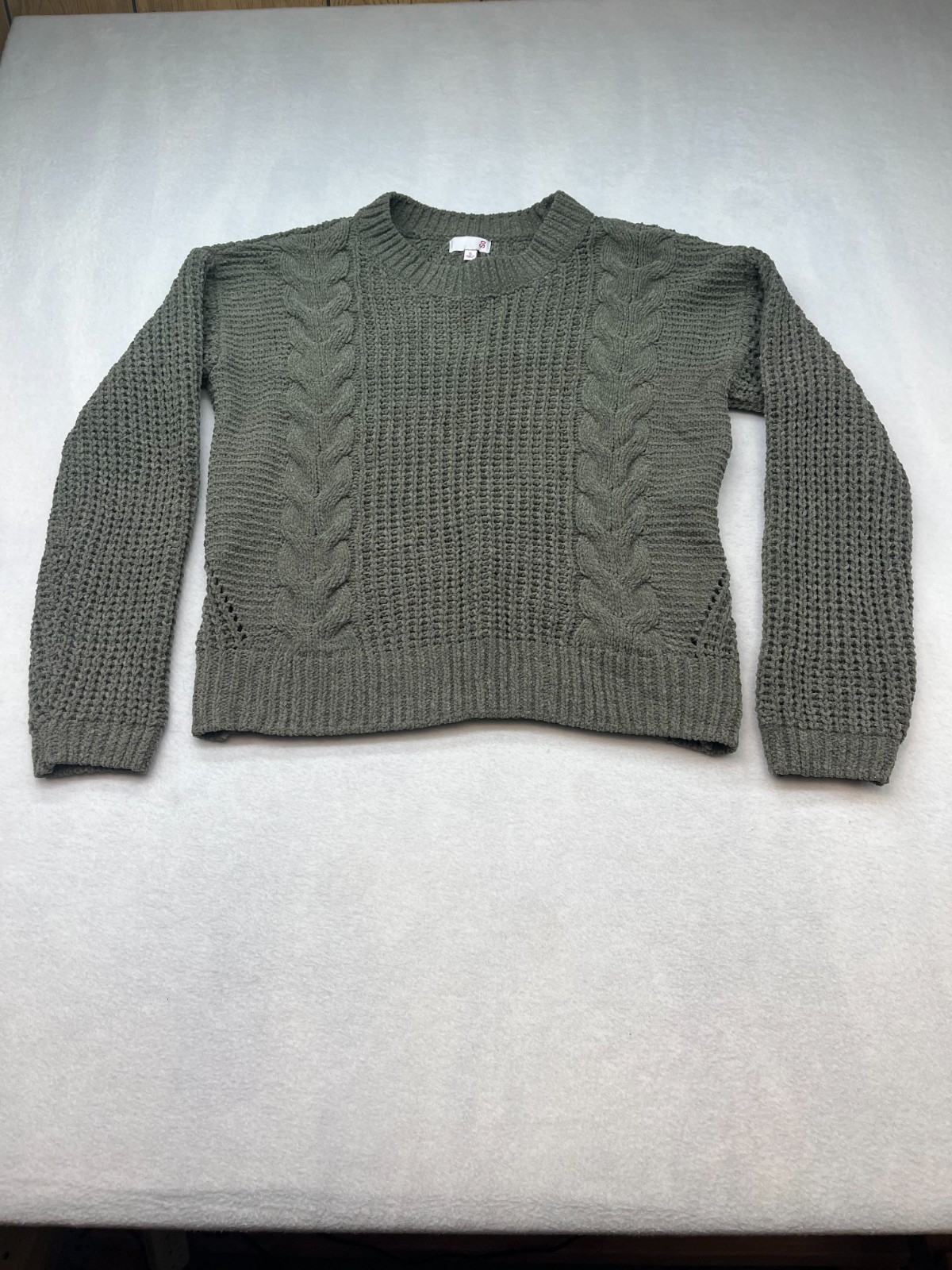 SO Cropped Sweater Junior Small Green Cable Knit Long Sleeve Crew Neck Pullover