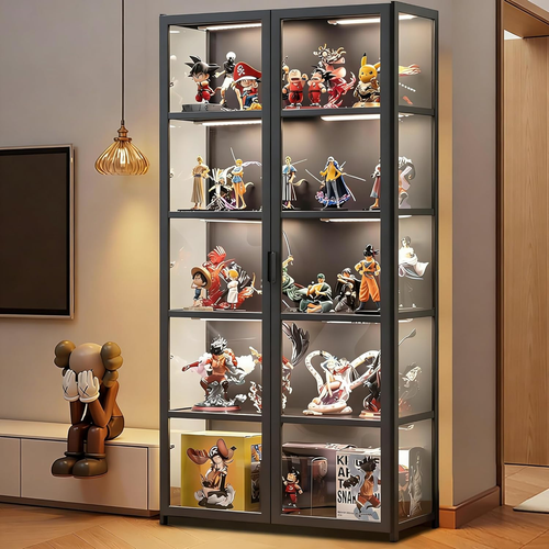 Qoeudd 5-Tier Curio Display Cabinet – Acrylic Glass Door – Black With Folio Door – Bamboo Frame – Freestanding – 63.78” Tall
