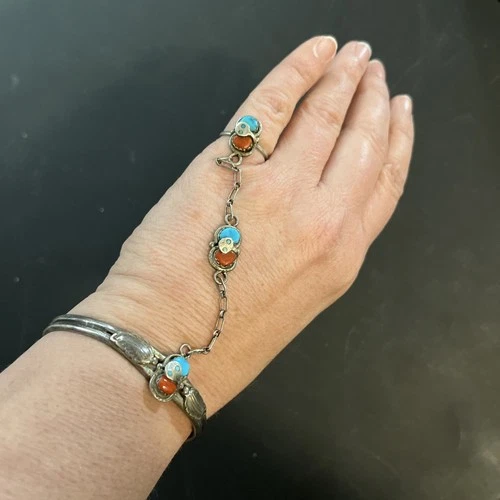 Vintage Native American Turquoise Cuff Slave Bracelet Ring Set Sterling Silver