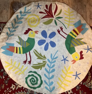 Gudrun Sjoden Rare Round Wool Rug 47'' Scandinavian Folk Art Bird Ecru Boho Cream