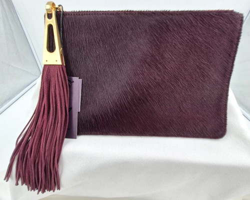 BRIAN ATWOOD AWINFRED Dark Red Leather & Hair Large Tassel Clutch Purse - NWT
