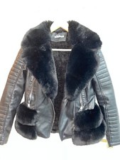 Cherry Koko Womens Small Black Faux Leather Jacket With Faux Fur Trims (ex Cond)