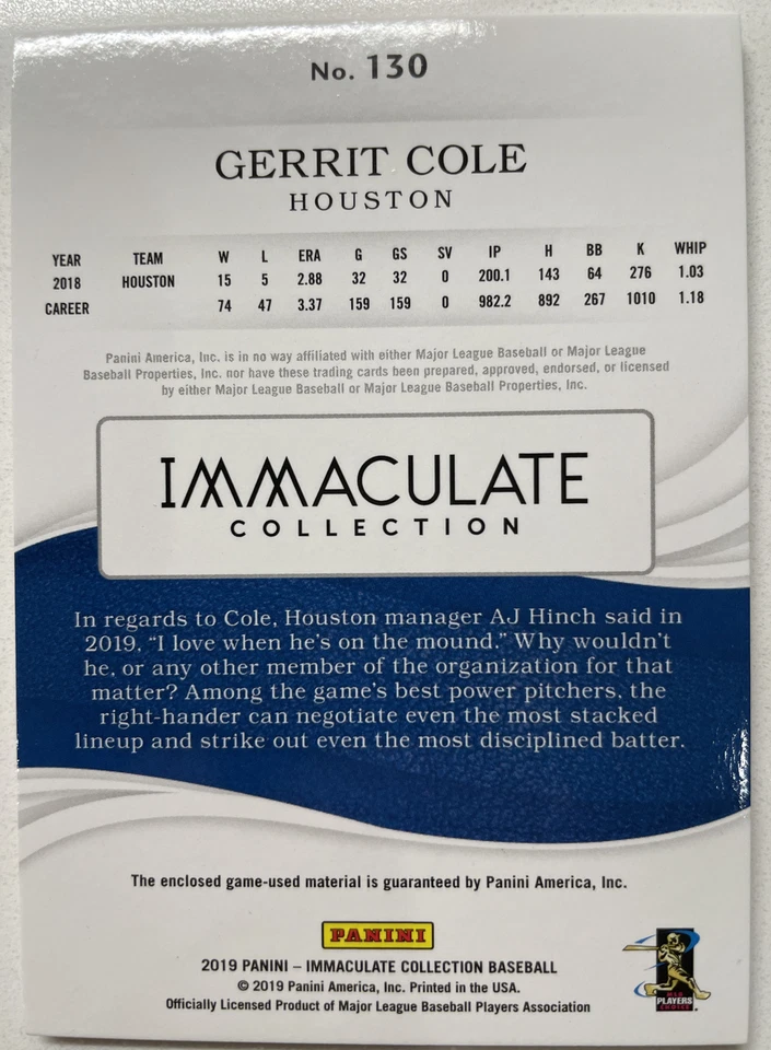 2019 Gerrit Cole Panini No. 130 Immaculate Collection Relic Card Numbered 26/99 - Image 2 of 2