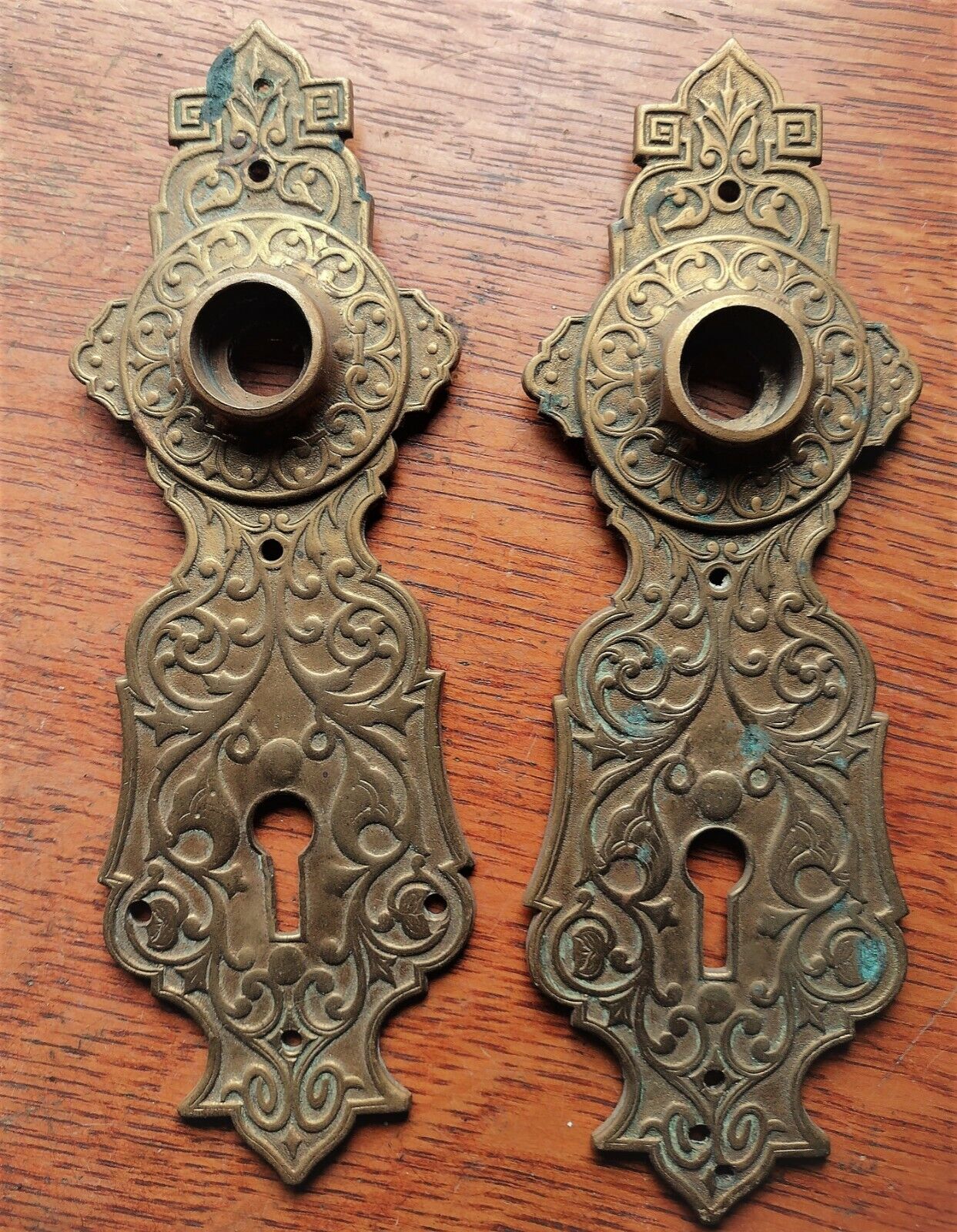 Two Antique Victorian Fancy Ornate Cast Brass Rococo Passage Doorplates c1885