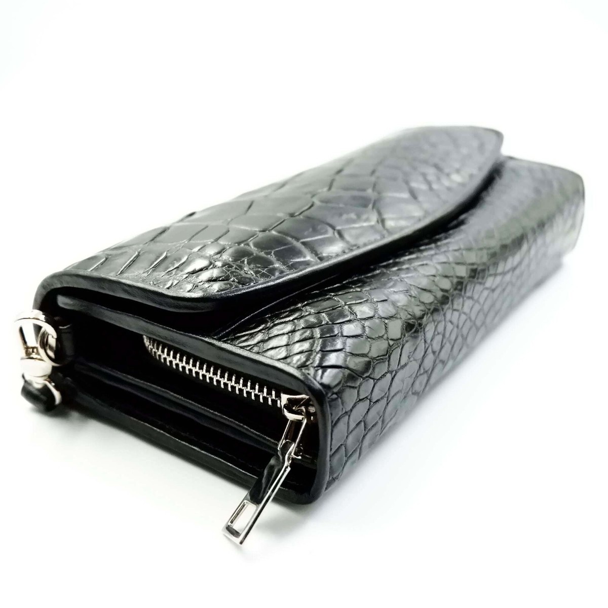 Sac Portefeuille Long En Cuir Crocodile Noir Véritable - Double Pochette - Neuf